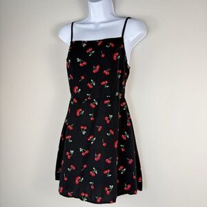 Y2K Cherry Print Mini Dress Womens Large Retro Dark Feminine Whimsigoth